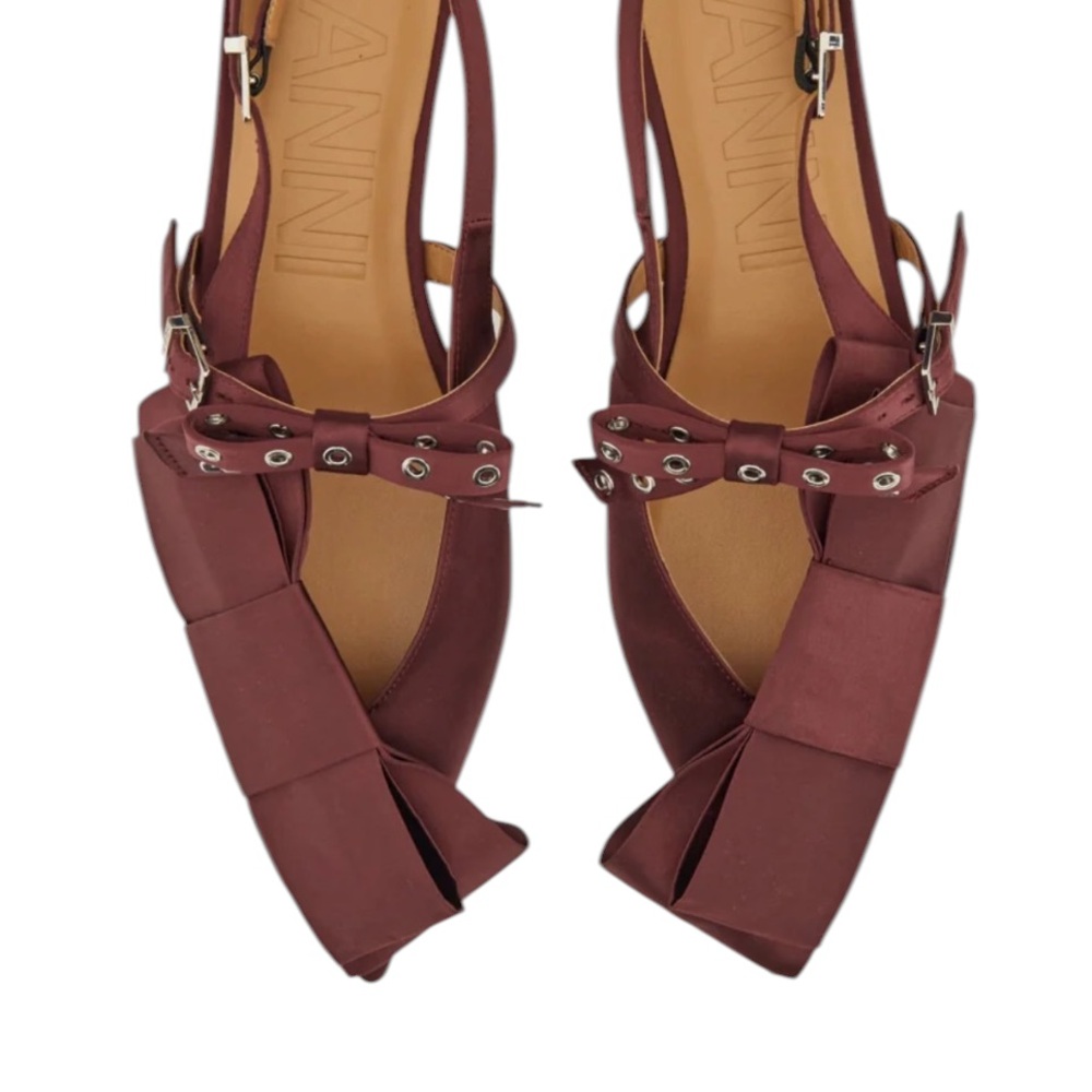 Ganni Big Bow Pointed Slingback Flat Burgundy Shoes – EU38/US8 - Picture 4 of 14